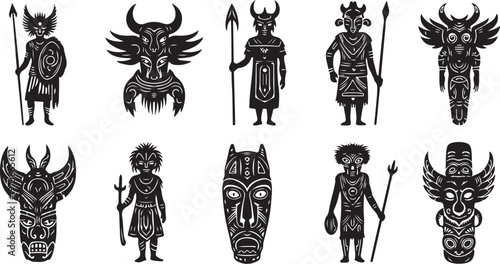 Tribal warrior icons and masks in black and white