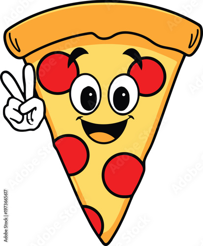 Cheerful slice of pizza making a peace sign with a smiling face