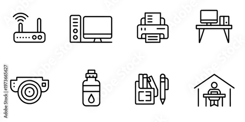 Vector depicts various office equipment and supplies in minimalist icons