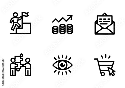 Vector of six icons representing concepts such as teamwork, growth, and e-commerce