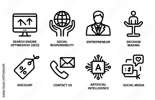 Set of eight vector icons representing modern digital ethics and business concepts