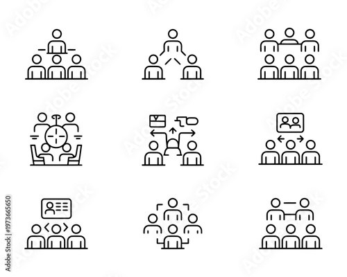 Vector showing various meeting and group discussion arrangements in a hierarchical and collaborative format