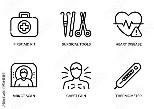 Vector of medical icons including first aid kit, surgical tools, heart, mri scan, and thermometer.