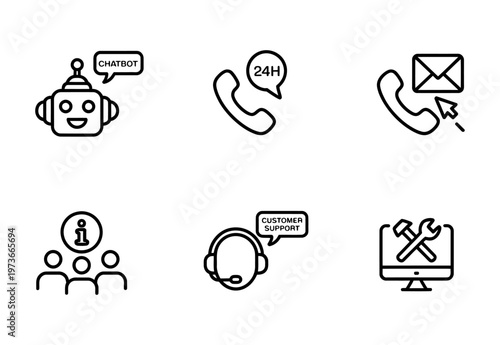 Vector of customer support, management, and technical assistance icons.