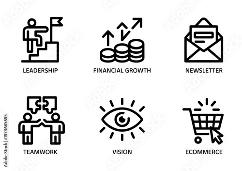 Vector of various business and leadership concepts like teamwork financial growth and ecommerce