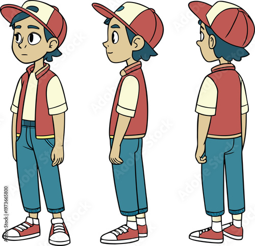 young smart boy cartoon character turnaround sheet on transparent background