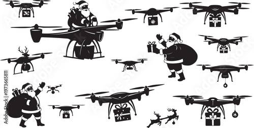 Various Drone Silhouettes and Cartoon Characters in Flight