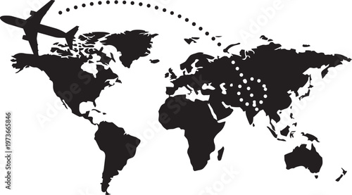 Airplane flying over world map silhouette, travel and global transportation concept, vector illustration