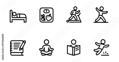 Vector illustrates various icons related to health activities for daily living