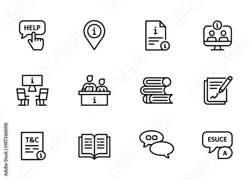 Customer support and information service icons set with help desk assistance communication and documentation symbols