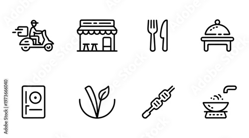 Vector displaying various icons related to food and dining in a minimalistic style
