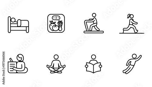 Set of minimalistic vector icons depicting activities related to health wellness and lifestyle