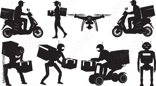 Delivery Services Silhouette Icons Set for Logistics and Transportation