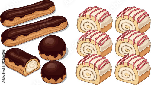 Eclair and Swiss Roll Cake Dessert Collection Bakery Flat Vector Set