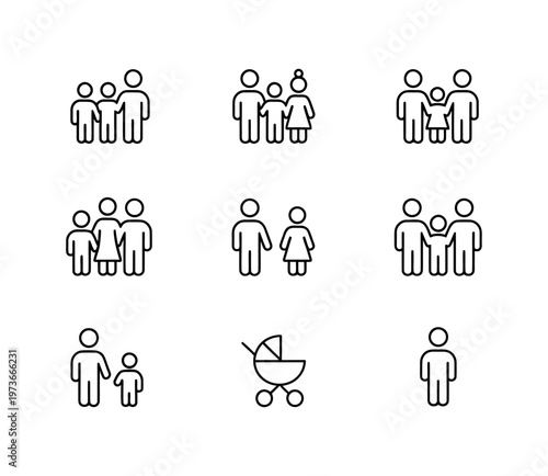 Vector of family icons in various configurations featuring children and adults