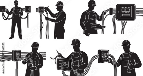 Electrician Workers Installing Wiring and Electrical Systems Silhouette Set