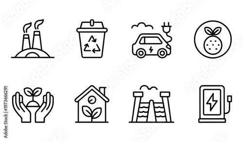 Vector of icons representing sustainability and environmental protection through recycling and renewable energy