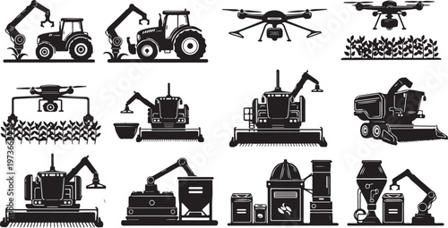 Industrial construction machines and farming equipment icons set