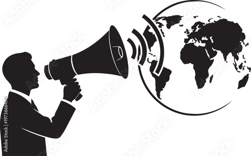 Silhouette of a businessman speaking into a megaphone towards a globe representing global communication and international news