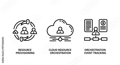 Set of three linear infrastructure and management icons for it operations and resource tracking