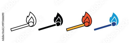 Burning matchstick icon for fire flame, light, and ignition concept. Vector Illustration.