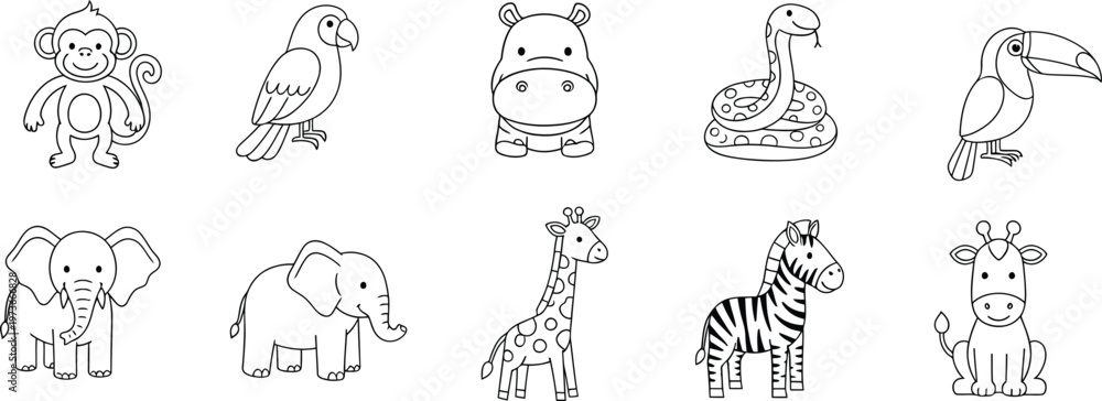 Naklejka premium Set of cute jungle and safari animal line art illustrations for children's coloring book pages