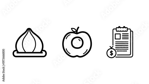 Icons representing fruit fig peach and financial reporting