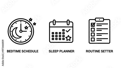 Set of bedtime schedule sleep planner and routine setter icons