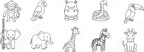 Set of cute jungle and safari animal line art illustrations for children's coloring book pages