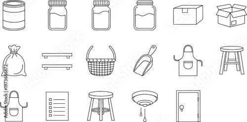 Collection of simple line art icons representing household and pantry items