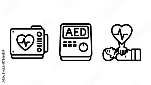Medical cardiac health and emergency aed rescue icons with health care