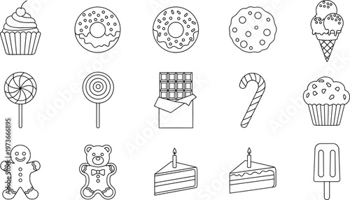 Hand drawn collection of various sweet treats and desserts in black and white outline style