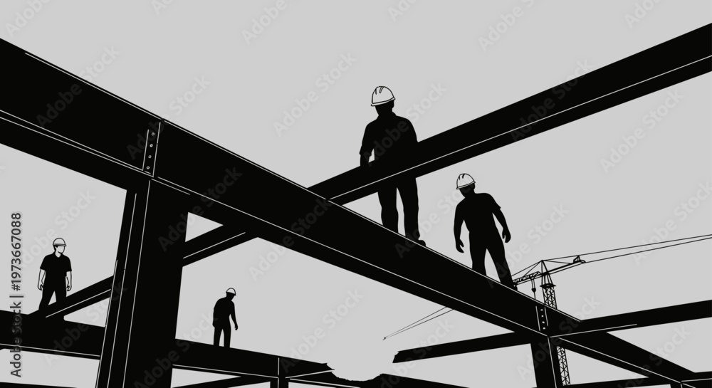 Naklejka premium construction workers standing on a steel structure building construction site illustrating heavy industry and an urban development projects progress.