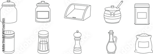 Collection of kitchen storage containers and condiment jars in a simple line art style