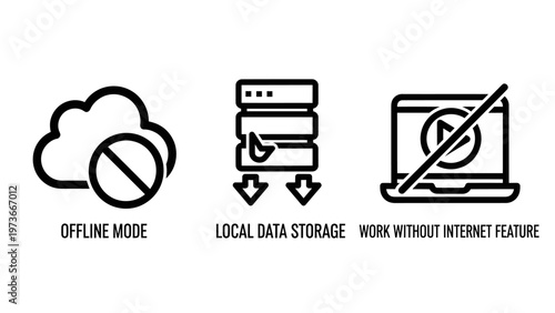 Icon set for offline mode local data storage and work without internet connectivity features