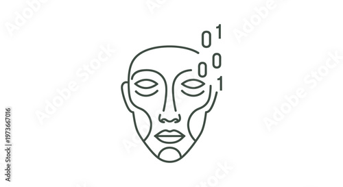 abstract human head icon representing artificial intelligence and machine learning with binary code for digital identity and data processing.