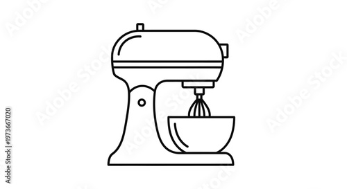 Outline icon of a kitchen stand mixer with a bowl and whisk attachment, for baking and cooking, isolated white background.