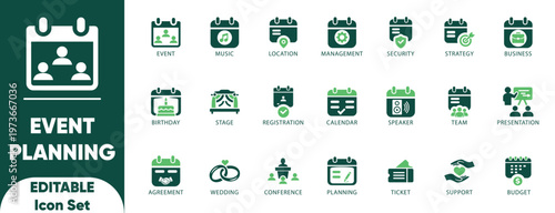 Event Planning Icon Set. budgeting, conference, editable, invitation, meeting, organisation, planning, timeline, and Editable icons.