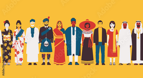 Diverse multi-ethnic group of people from various cultures wearing traditional costumes, standing together on a vibrant yellow background.