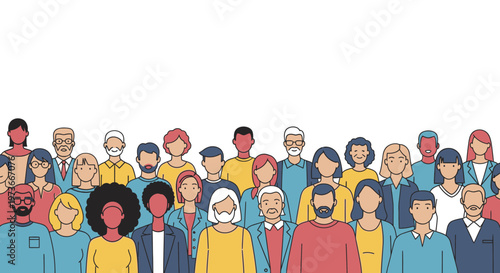Diverse multi-ethnic group of people standing together, illustrating community and unity, isolated white background.