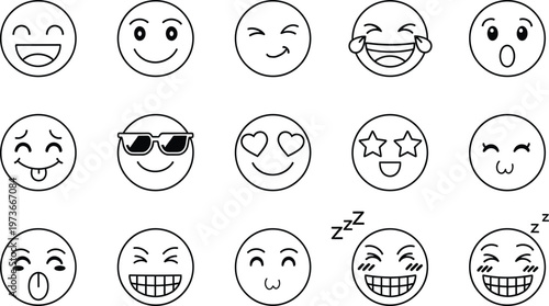 A collection of fifteen black and white line art emoji faces showing various human emotions