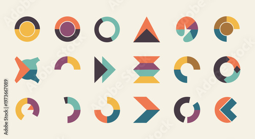 Retro Style Flat Design Geometric and Pie Chart Elements Collection on Light Background