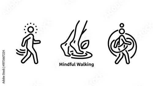 Mindful walking and meditation wellness icon set