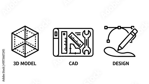 3D modeling and cad design engineering icon set