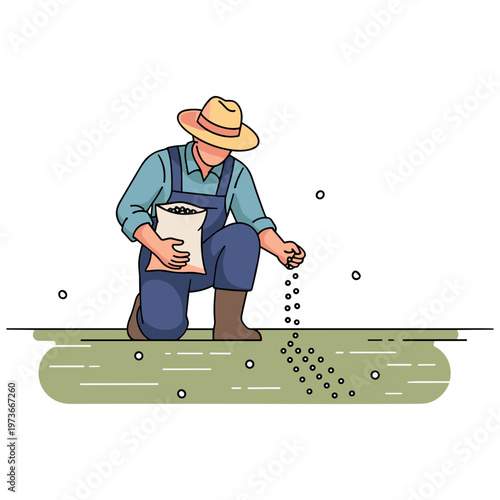 Man in overalls scattering seeds on green ground outdoors
