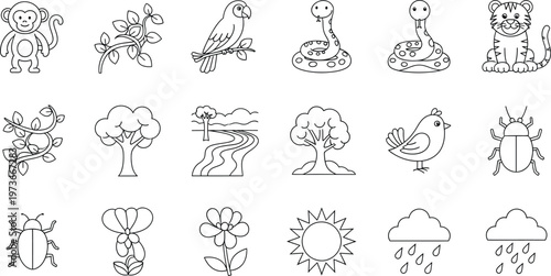 Εκτύπωση καμβά Simple black and white line drawings of jungle animals plants and nature icons f