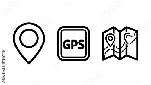 Navigation and location icons set including map pin pointer gps signal and folded map route planning