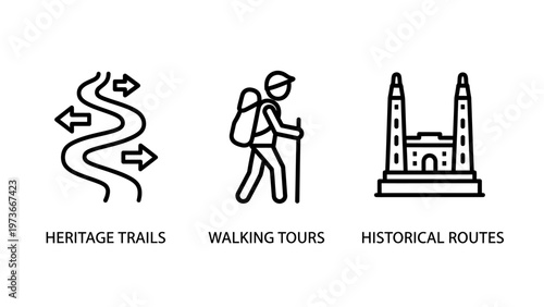 Heritage trails walking tours and historical routes icons