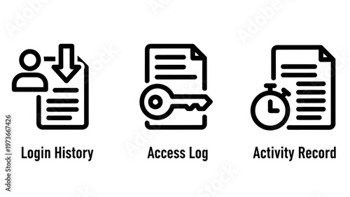 Data security and user access icons illustrating login history access log and activity record documentation