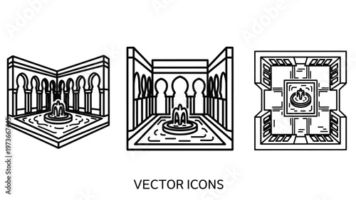 Vector icons set of traditional islamic courtyard architecture